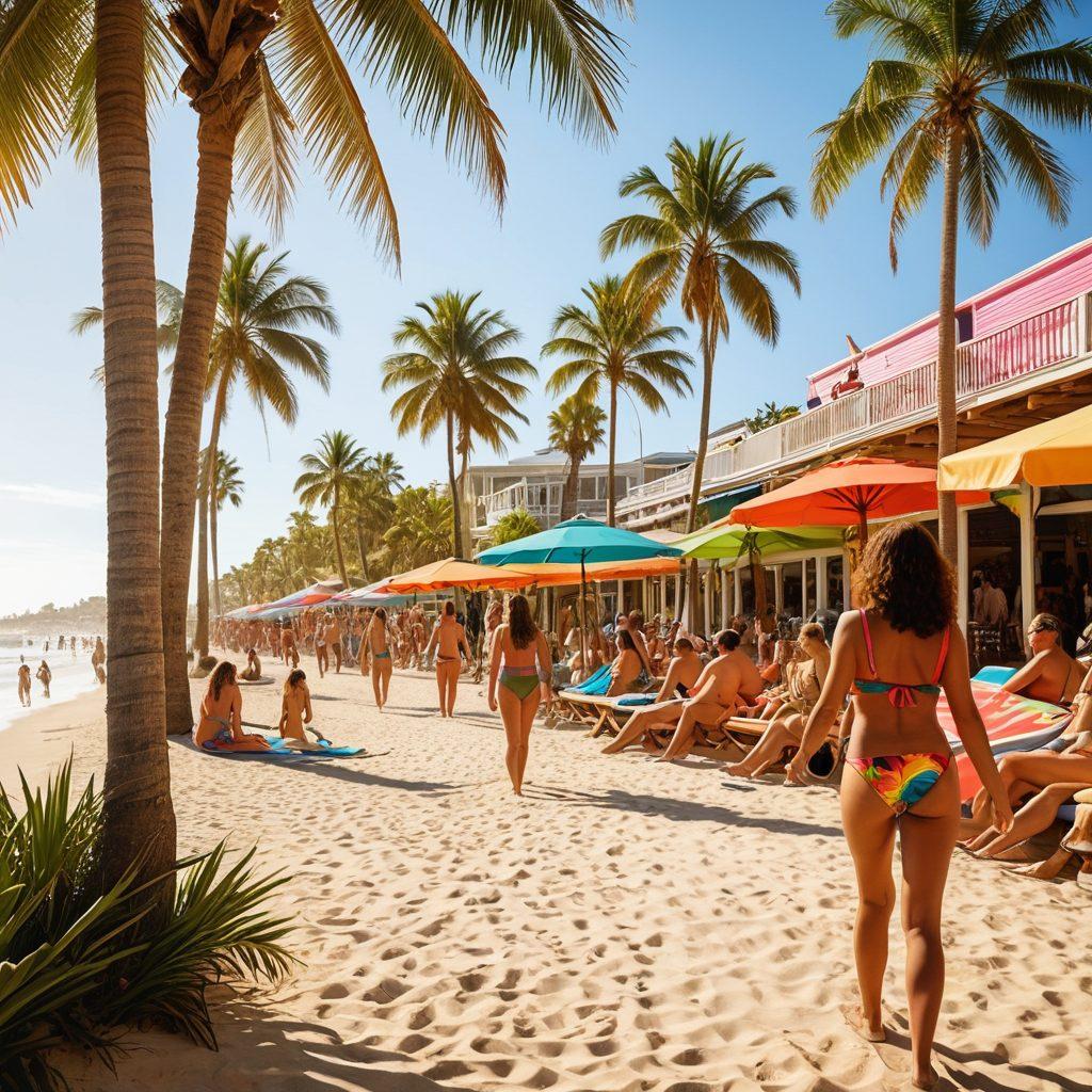 A vibrant beach scene showcasing a diverse group of people in stylish, colorful swimwear enjoying various summer activities like surfing, beach volleyball, and sunbathing. Include an inviting boardwalk in the background with beach shops and palm trees swaying in the breeze, capturing the essence of summer adventures. Bright and cheerful colors to evoke a fun and lively atmosphere. super-realistic. vibrant colors. indirect sunlight.