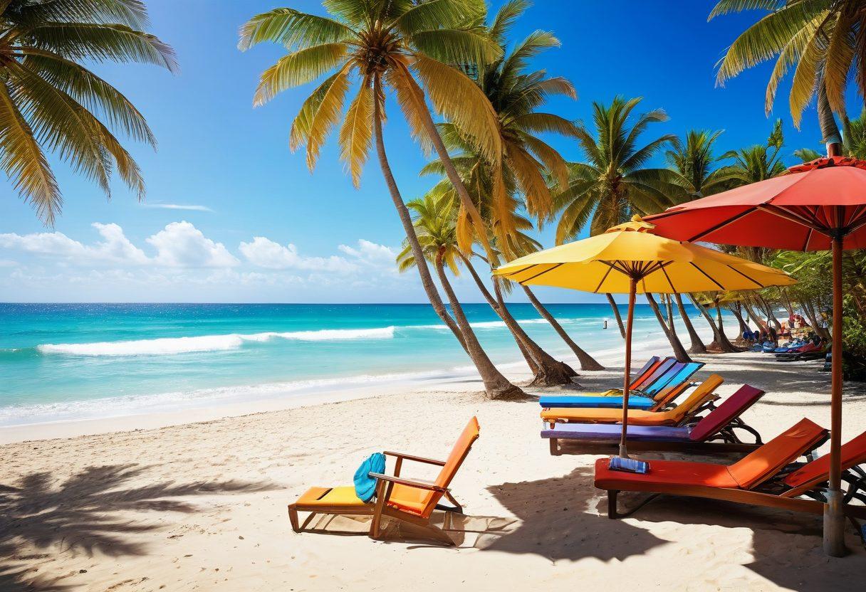 A vibrant beach scene featuring a group of stylish individuals wearing various trendy bikinis and summer beachwear, basking under the bright sun. Include colorful beach umbrellas, tropical palm trees swaying in the breeze, and a crystal-clear ocean in the background. Capture the essence of summer fun and fashion with lively expressions and dynamic poses. bright colors. super-realistic.