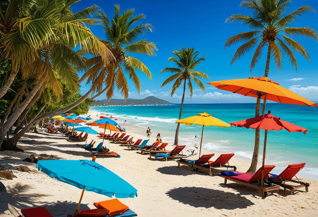 A captivating beach scene featuring a diverse group of stylish individuals wearing trendy swimwear and fashionable beach accessories, like sunglasses, hats, and colorful sarongs. Include lush palm trees, vibrant beach umbrellas, and a sparkling turquoise ocean in the background. The mood is joyful and relaxed, with bright sunlight accentuating the vivid colors of the attire. super-realistic. vibrant colors. beach setting.